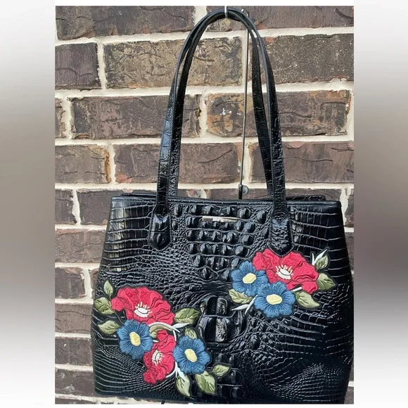 Brahmin Medium Julian Tote Black Bluewood Applique red blue green - Picture 2 of 16